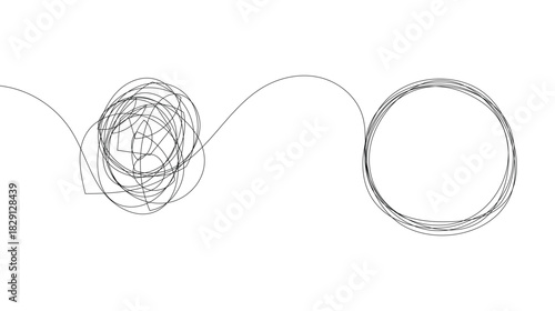 Chaotically tangled line and untied knot in form of circle. Psychotherapy concept of solving problems is easy. Unravels chaos and mess difficult situation. Doodle vector illustration 