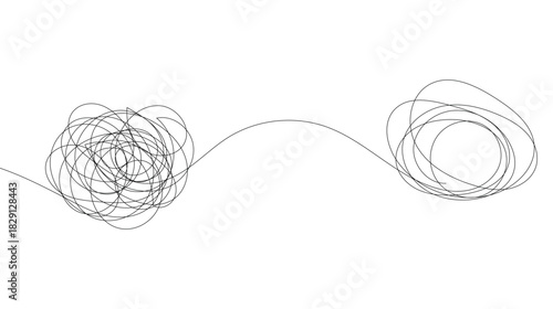 Chaotically tangled line and untied knot in form of circle. Psychotherapy concept of solving problems is easy. Unravels chaos and mess difficult situation. Doodle vector illustration 