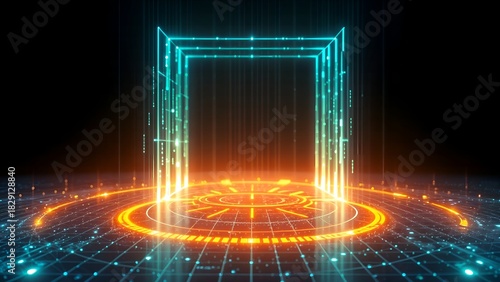 Fototapeta Naklejka Na Ścianę i Meble -  digital virtual portal gateway tunnel with glass neon door dimension