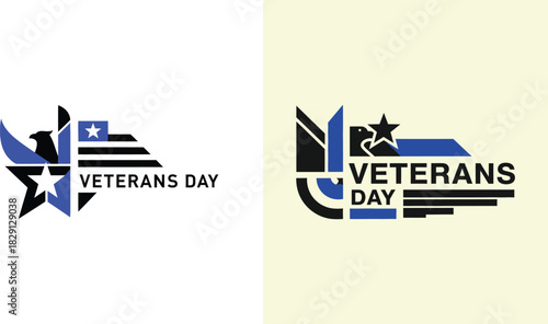 Veteran's Day graphic with eagle, flag, and star in two color schemes vector illustration