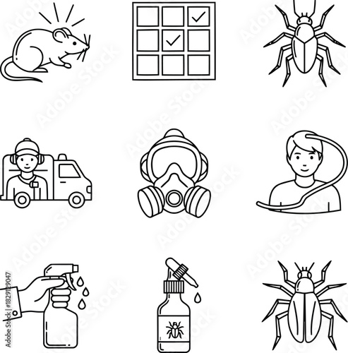 Professional pest control extermination service line icons: rodent, insect, disinfection