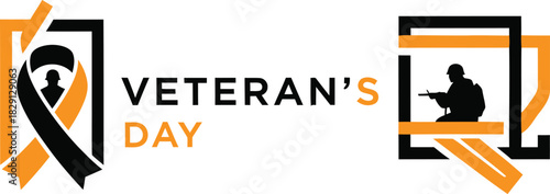 Veteran's Day graphic with soldier silhouette and ribbon military