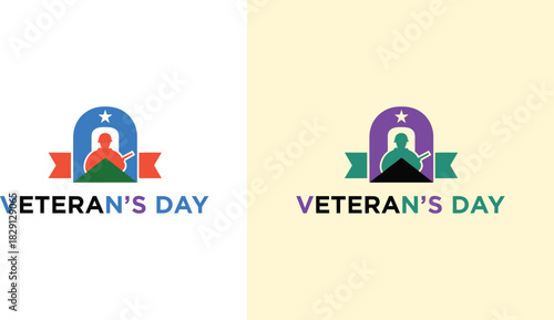 Veteran's Day graphic with soldier, ribbon, and star in two color schemes silhouette
