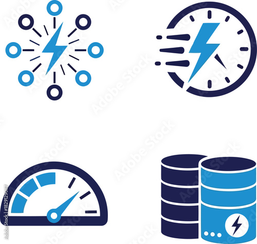 High speed data processing icons: network performance, server optimization & fast analysis