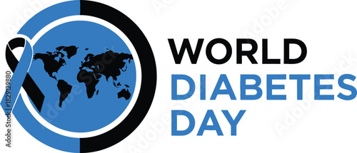 World Diabetes Day logo with world map and blue ribbon awareness