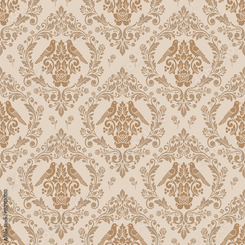 brown damask floral seamless pattern on beige background, a refined damask floral pattern designed as an elegant damask floral seamless style for luxury wallpaper and textile decor.