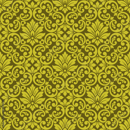 Yellow gold damask floral seamless pattern on brown background, an elegant yellow gold damask floral pattern crafted as a luxurious damask floral seamless design for classic decor and textile styling