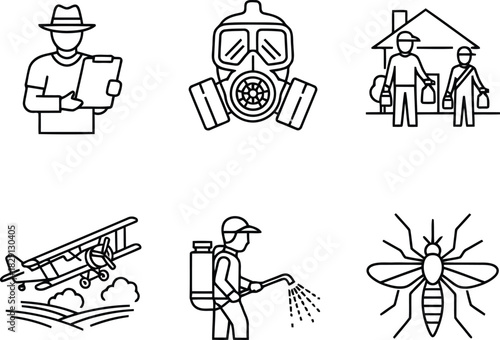 Pest control and agricultural spraying line icons. insecticide, fumigation, crop duster