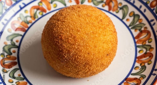 Golden, breaded, spherical food on a decorative plate