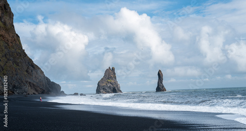 Reynisfjara Volcanic Beach and the famous reynisdrangar rocks on the south coast  of Iceland