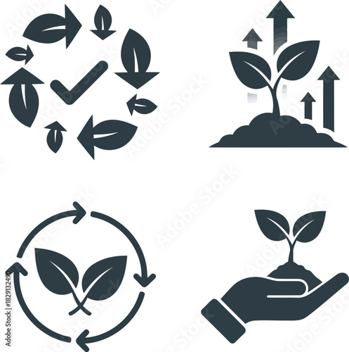 Eco friendly sustainable growth vector icons: recycling, nature, plant care, and environment solutions