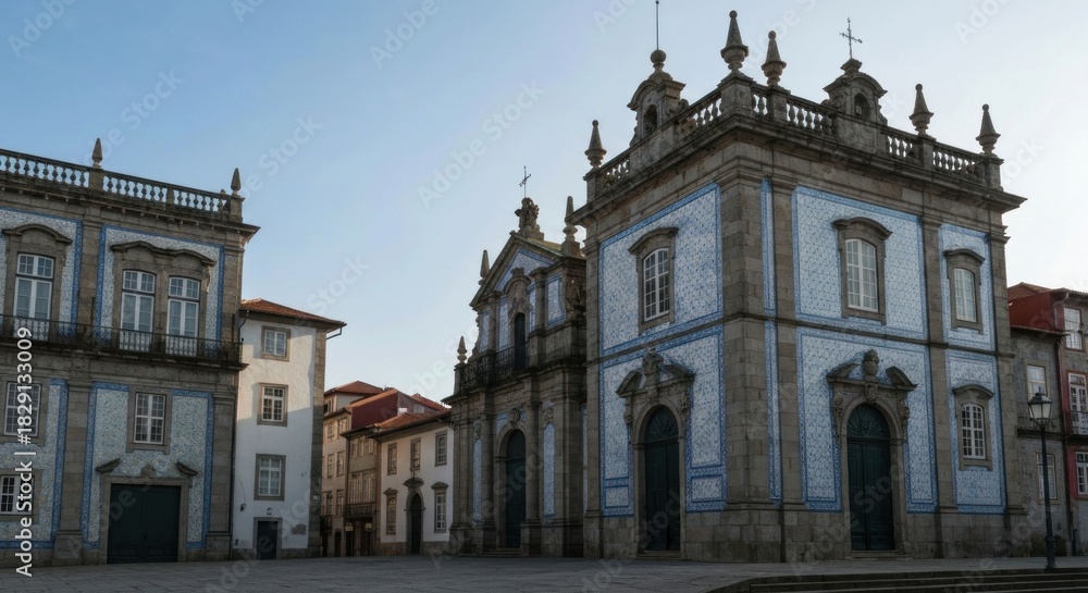 Fototapeta premium Historical European square featuring ornate buildings and architectural details