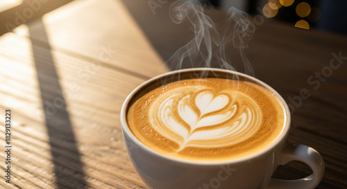 Hot cappuccino coffee cup with heart latte art on wooden table in cafe, morning breakfast concept.