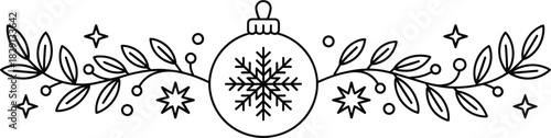Christmas Divider Ornament with Snowflake and Leaves Outline Vector; Winter Holiday Greeting Card Border Element