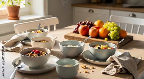 Wallpaper Mural Breakfast table with various bowls of yogurt cereal fruit plus fresh fruit in the background Torontodigital.ca
