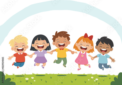 Group of five happy diverse cartoon children holding hands and jumping together on green grass in a park, celebrating friendship and childhood joy.