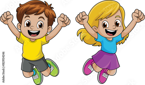 Happy cartoon boy and girl jumping with joy, isolated vector characters celebrating success with hands raised up for school design.