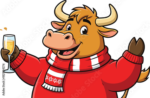 Happy cartoon bull in red sweater and scarf holding champagne, celebrating Christmas and New Year holidays, cute vector illustration mascot