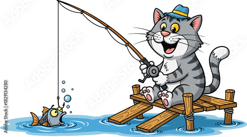 Happy cartoon cat wearing hat sitting on wooden pier fishing and catching surprised fish from water vector illustration.