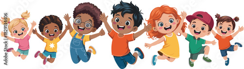 Happy diverse group of cartoon children jumping together, isolated vector illustration of multiethnic boys and girls cheering.
