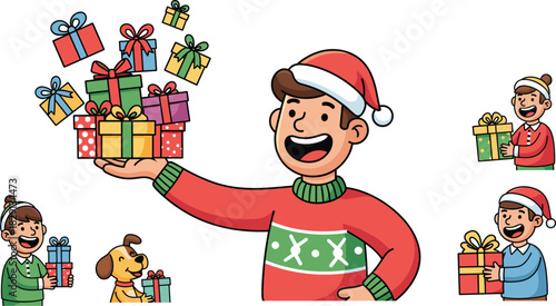 Happy man wearing Santa hat holding stack of Christmas gifts with joyful children and dog for holiday celebration design.