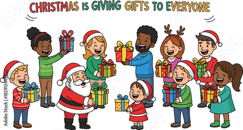 Happy diverse group of people and Santa Claus holding colorful presents celebrating the spirit of giving gifts to everyone.