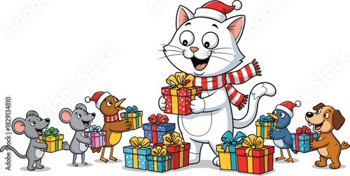 Happy white cat with scarf holding gift box surrounded by cute animals and presents for Christmas holiday greeting card design.