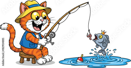Joyful cartoon orange cat fisherman wearing vest sitting on stool catching cute fish with golden crown vector illustration.