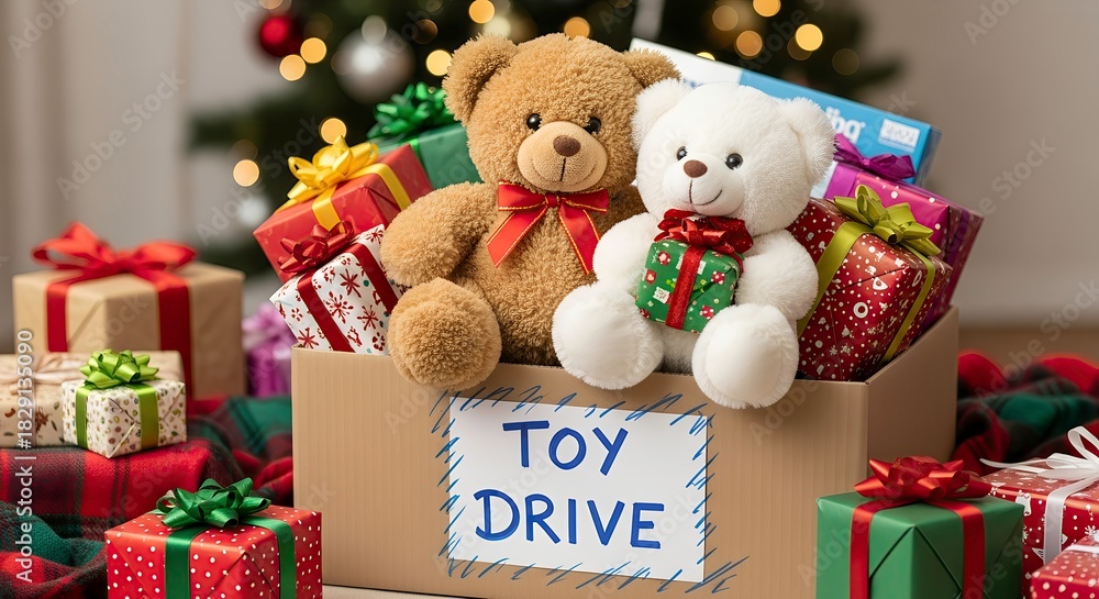 Fototapeta premium Two plush teddy bears in a donation box for a toy drive with gifts 