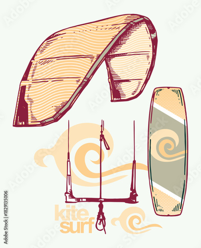 Illustration of elements related to the practice of kitesurfing.