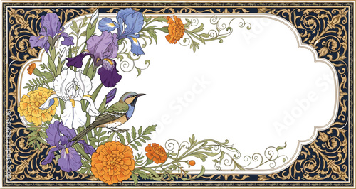 Ornate floral frame, decorative gold border, blank right side, iris and marigold flowers, perched bird, vintage artistic template