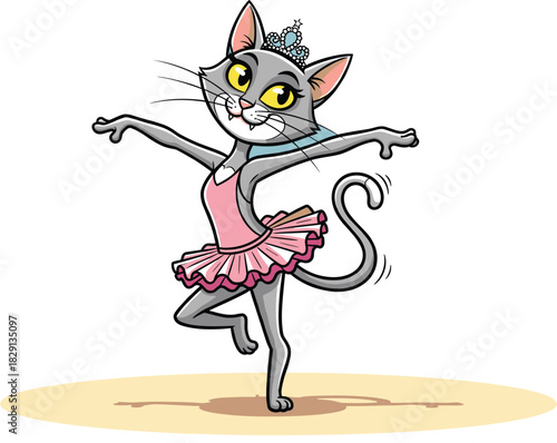 Playful cartoon ballerina cat dancing gracefully in pink tutu and tiara, adorable feline character illustration for children, animation, and creative design