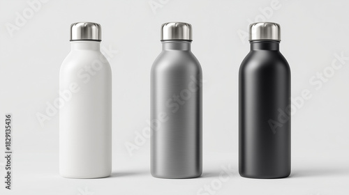 Three stainless steel water bottles ideal for mockup use. Clean reusable bottle set for branding, packaging design, eco friendly products, and minimal product presentation.