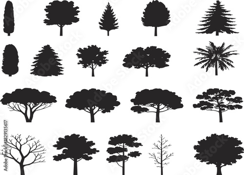 Tree silhouette collection, diverse tree shapes, botanical vector set, black tree icons, foliage patterns, landscape design, nature reference chart
