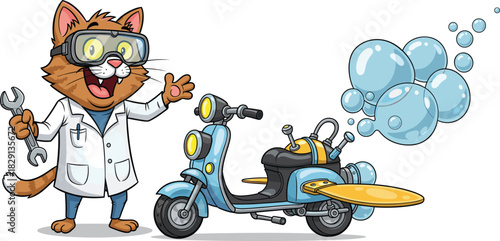 Cartoon scientist cat mechanic presenting futuristic bubble-powered scooter invention, fun creative illustration for technology, innovation, engineering and children’s educational design