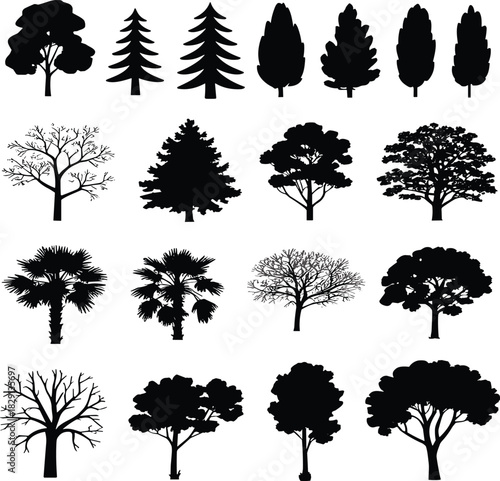 Vector collection of black tree silhouettes including pine, oak, palm, and leafless branches, isolated on white background for landscape design.