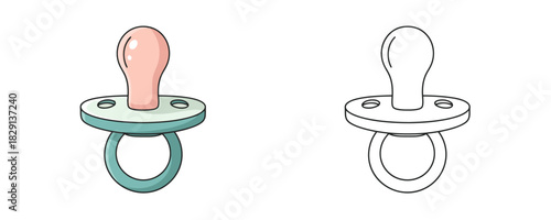 Vector illustration featuring a cartoon baby pacifier with a pink nipple and a mint green handle and a black outline drawing of the same object side by side