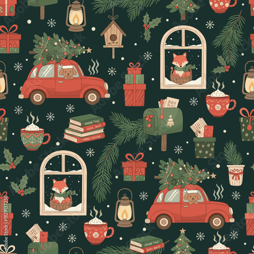 Cozy Christmas Seamless Pattern: Red Car, Fox, Gifts, Cocoa, and Holiday Home Decor Vector.