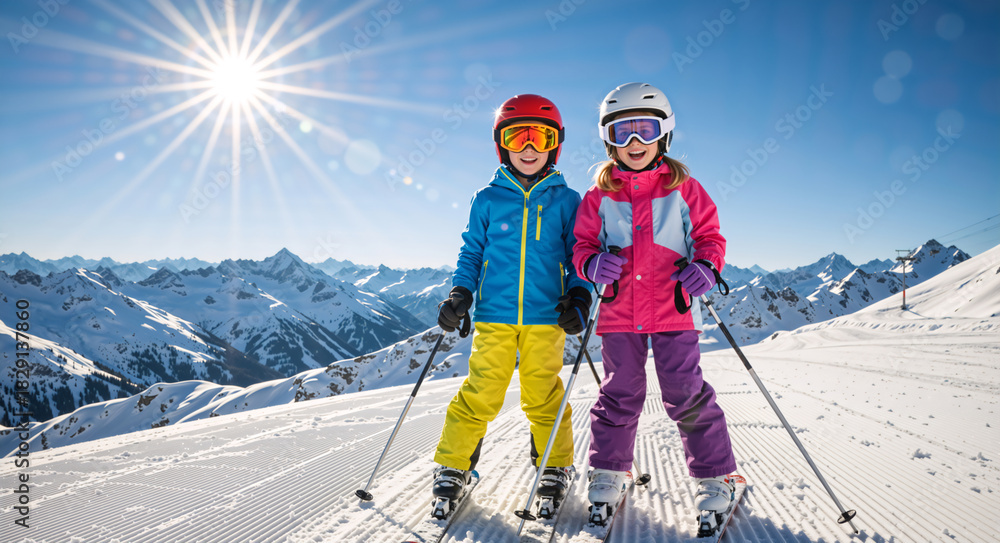 Naklejka premium Happy children skiers standing on snowy slope in mountains. Portrait of boy and girl in colorful ski gear with sunburst. Winter vacation concept