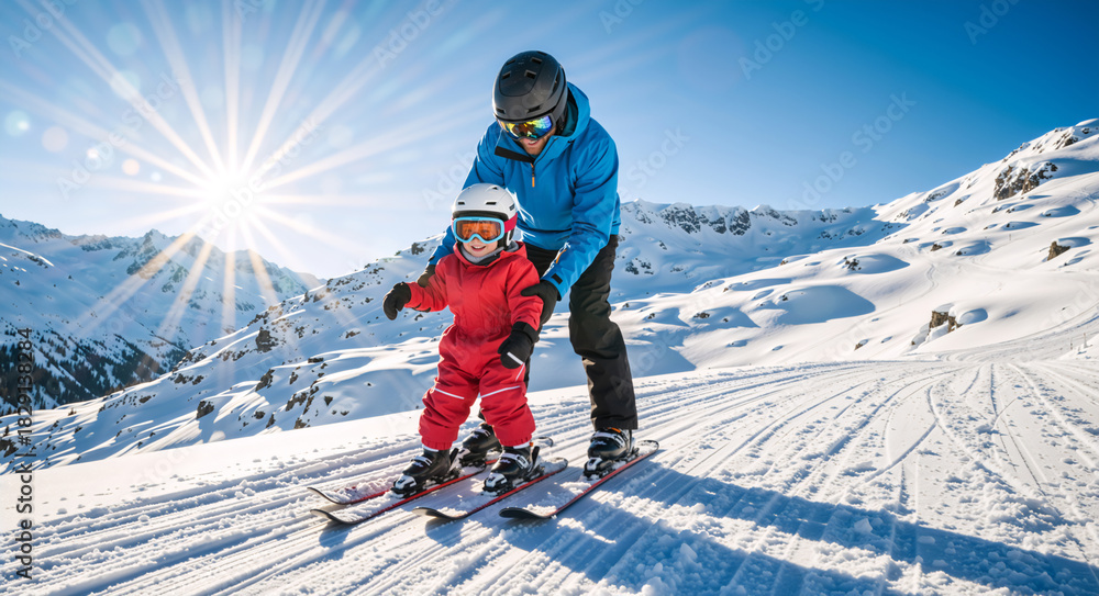 Naklejka premium Father teaching little child to ski on snowy mountain slope. Dad helping toddler on skis during winter vacation. Family ski holiday concept