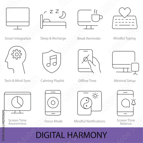 Digital Wellness & Hybrid Lifestyle Vector Line Icons Pack – Mindful Technology, Remote Work, Work-Life Balance, Modern Productivity, Editable Stroke Set