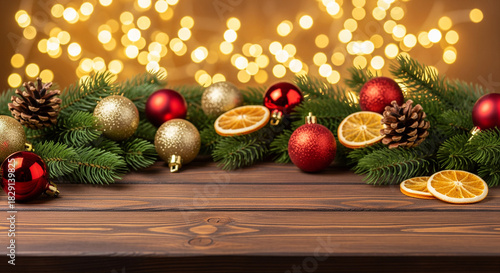 Christmas and New Year 2026 background with decorations and lights on wooden table, copy space.
