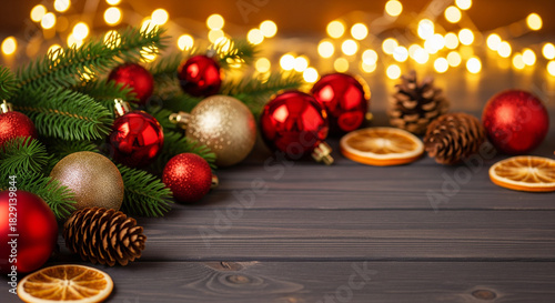 Christmas and New Year 2026 background with decorations and lights on wooden table, copy space.