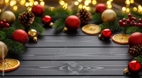 Christmas and New Year 2026 background with decorations and lights on wooden table, copy space.