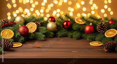 Christmas and New Year 2026 background with decorations and lights on wooden table, copy space.