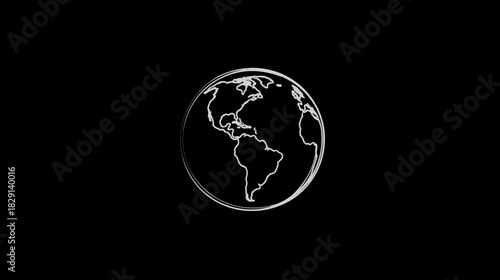 Stylized Metallic Globe Outline on Black Background. Shimmering World Map Icon for Global Communication, Technology, and Connectivity