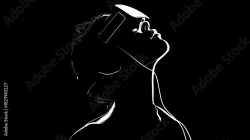 Dramatic silhouette of person with virtual reality headset looking up. Immersive VR technology and futuristic experience.
