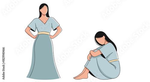 Conceptual illustration of emotional contrast a confident woman standing tall versus a sad woman sitting. Symbolizing mental health awareness, inner strength, and personal resilience