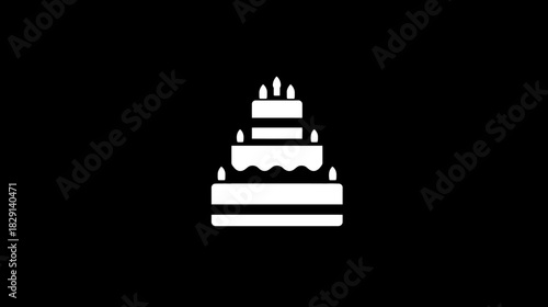 White Tiered Birthday Cake Silhouette with Lit Candles on Black Background - Festive Celebration Dessert Icon
