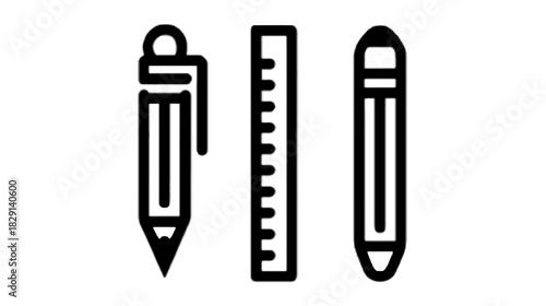 Creative stationery tools vector icons: pen, ruler, and pencil. Essential school and office supplies for drawing, writing, and design.